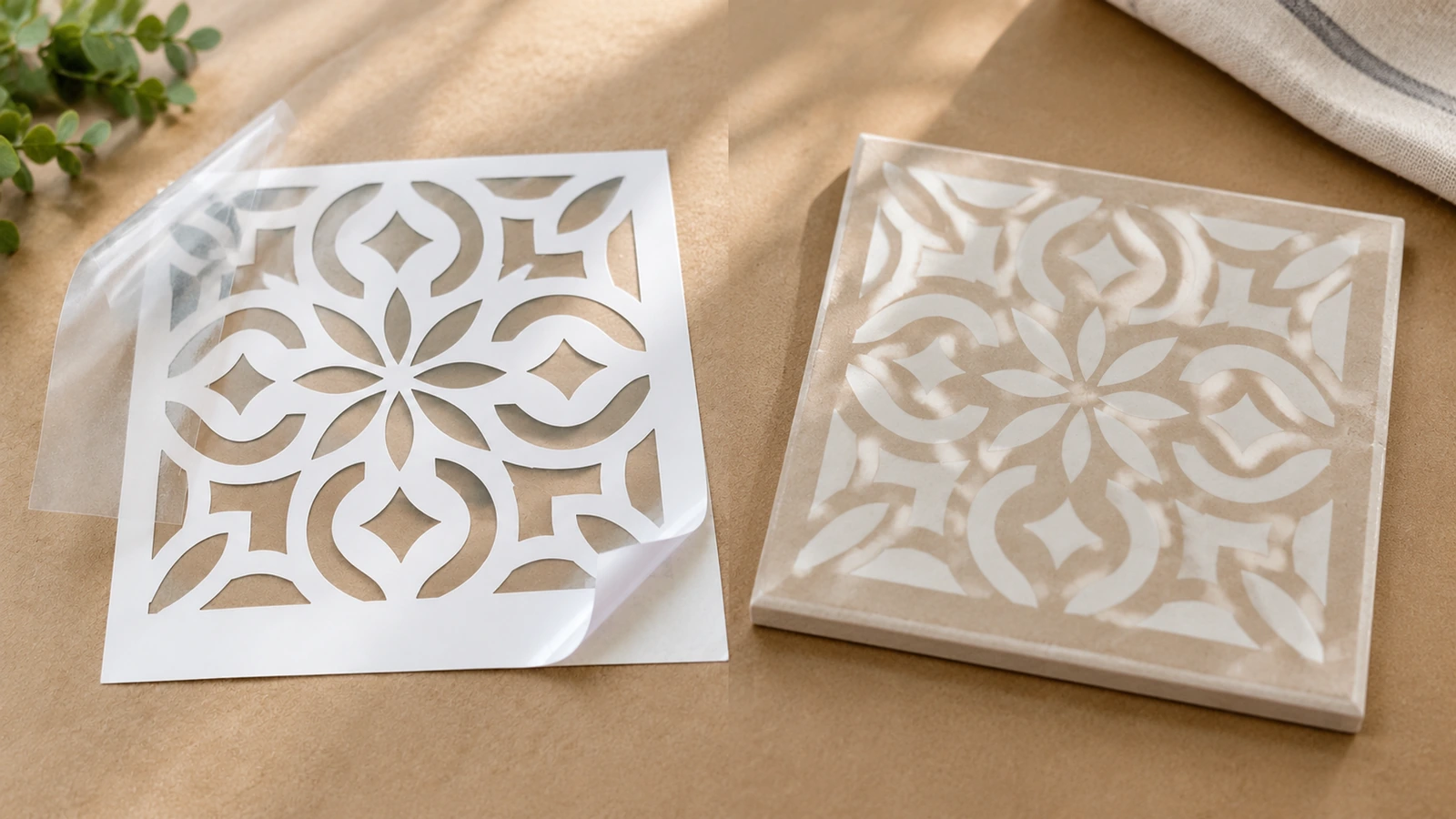 Pochoir floral blanc avec une couche soulevée à côté d'une feuille de pochoir floral translucide