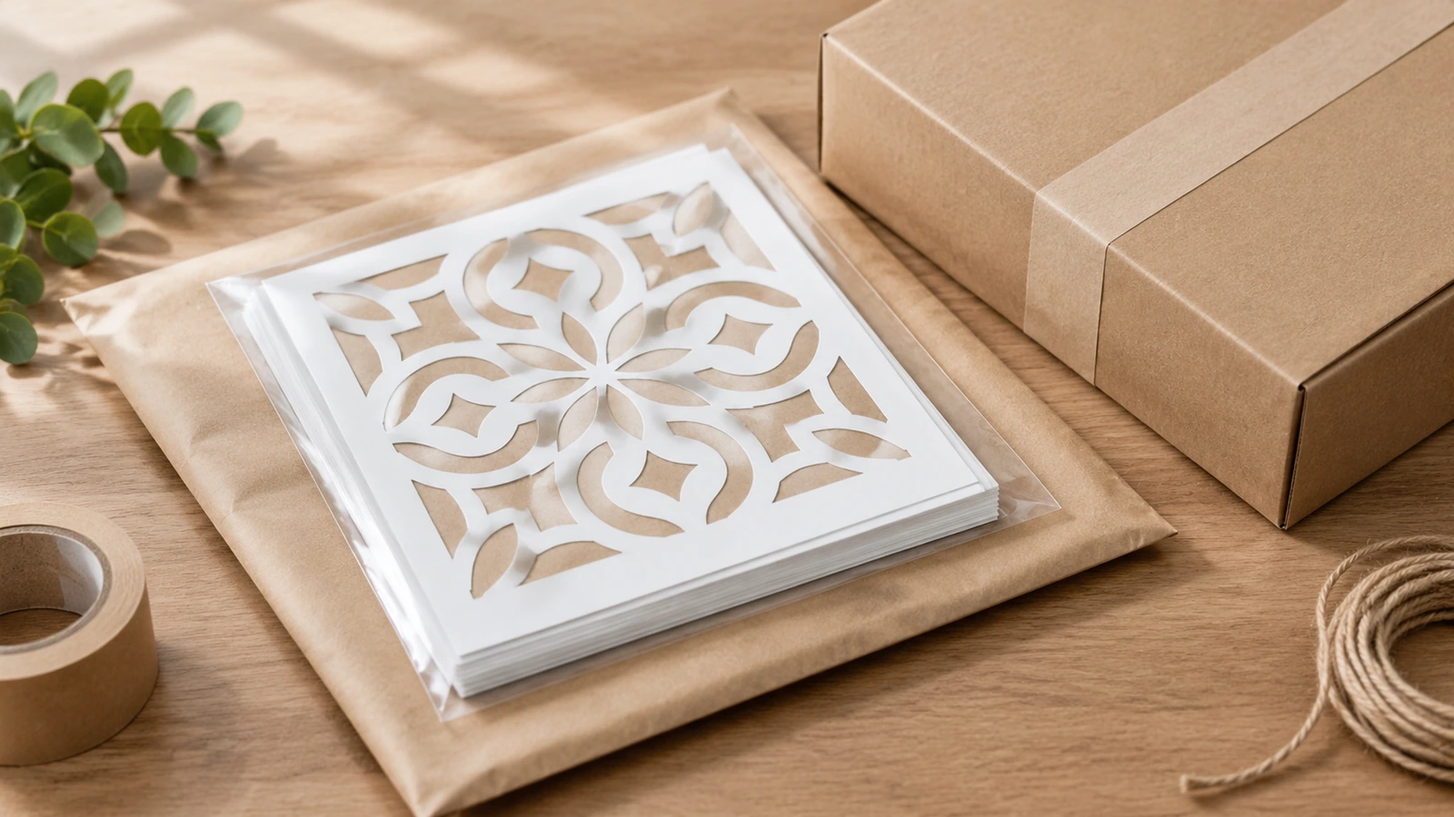 Feuilles de pochoir floral empilées dans une pochette transparente, posées sur une enveloppe kraft à côté d'un carton