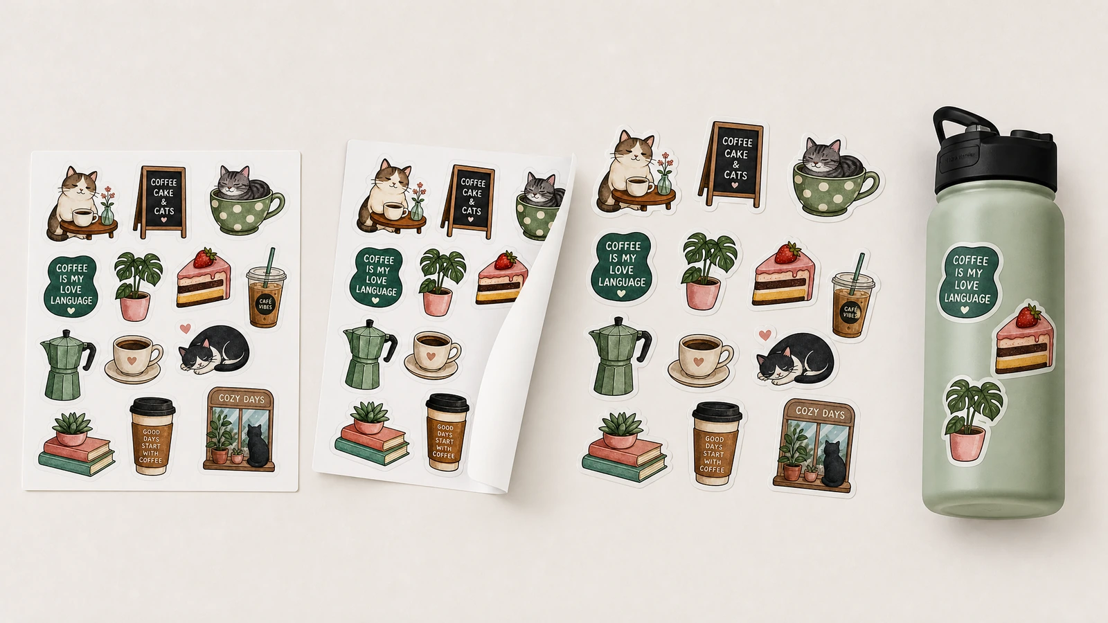 Feuilles d'autocollants et décorations assorties pour bouteille Feuilles d'autocollants chat et café et motifs détachés à côté d'une bouteille décorée d'autocollants assortis