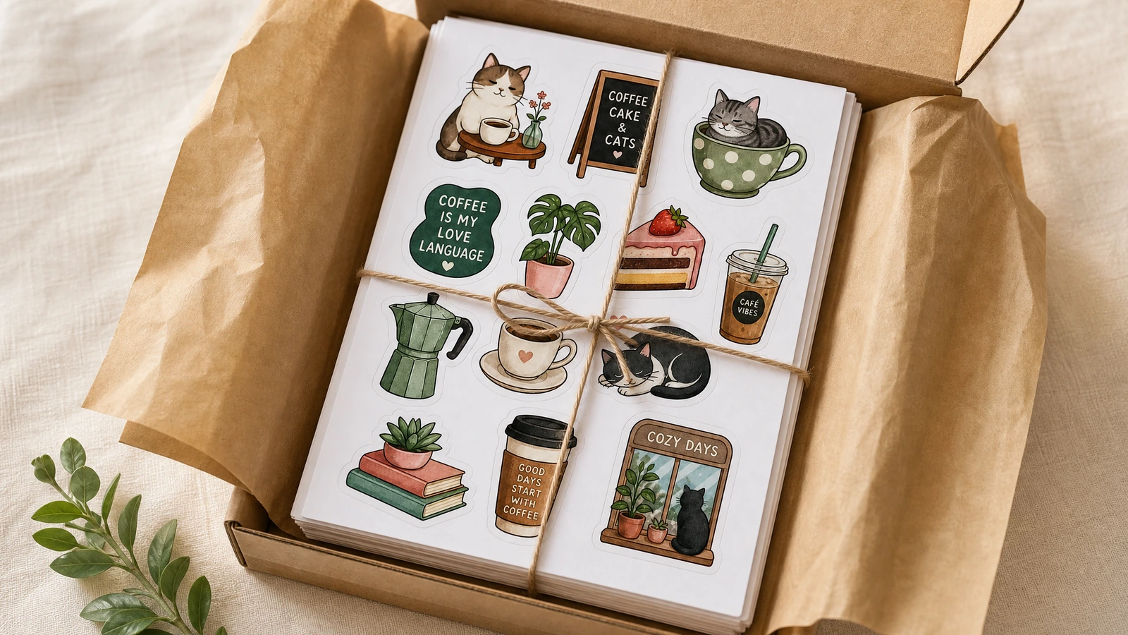 Feuilles d'autocollants emballées dans une boîte kraft Une pile de feuilles d'autocollants chat et café attachée avec une ficelle, dans une boîte kraft doublée de papier de soie