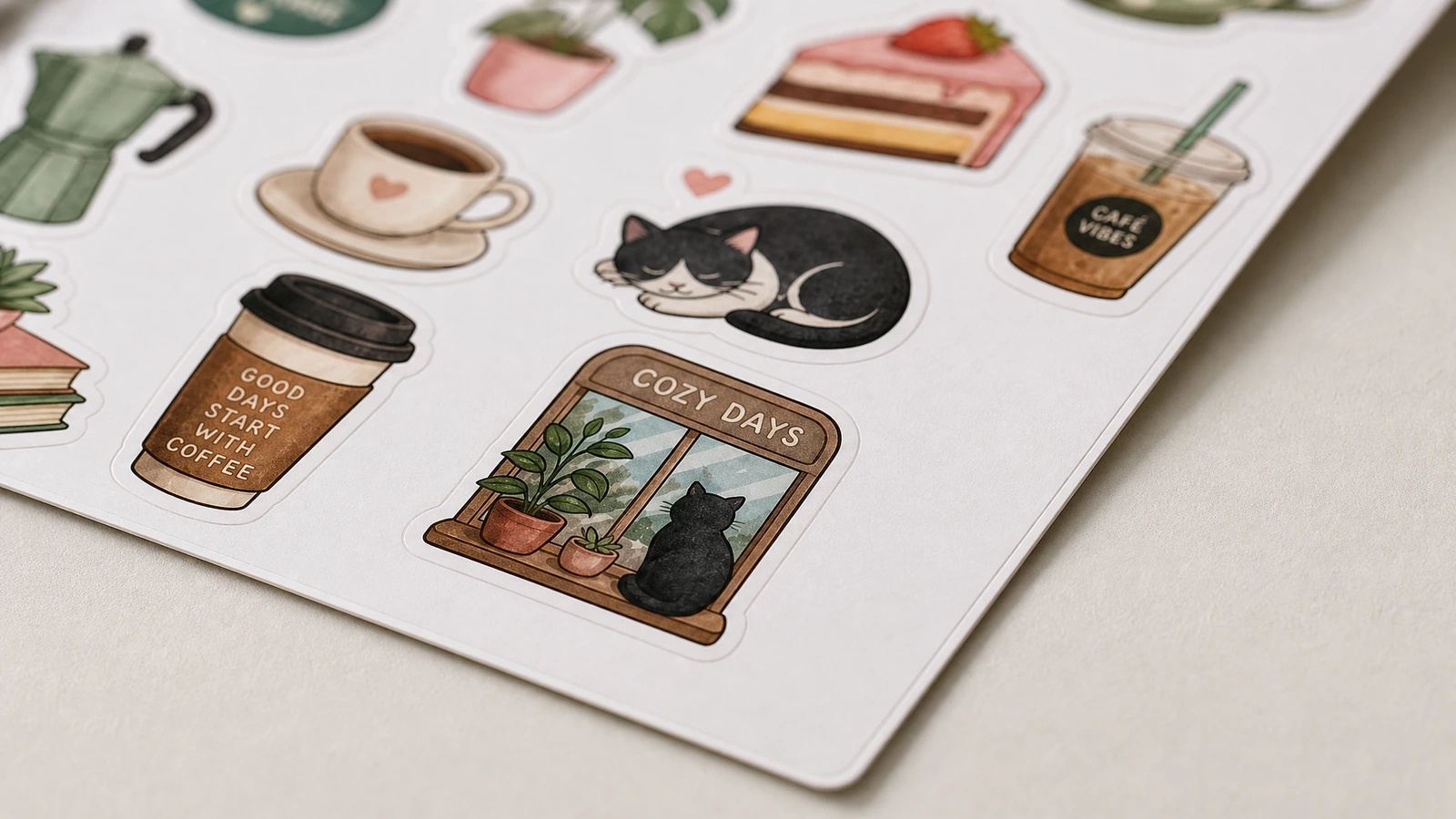 Gros plan d'autocollants chat et café Gros plan de tasses de café, d'un chat endormi, d'un gâteau et d'autocollants de plantes sur une feuille blanche