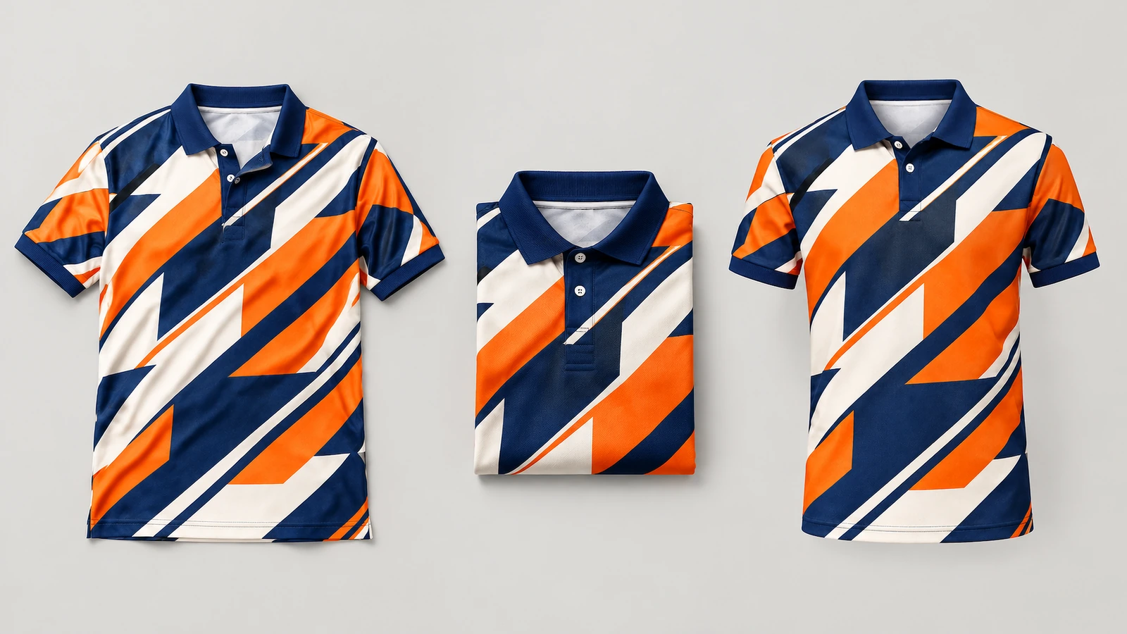 Trois vues d'un polo géométrique bleu marine, orange et blanc, dont une version pliée