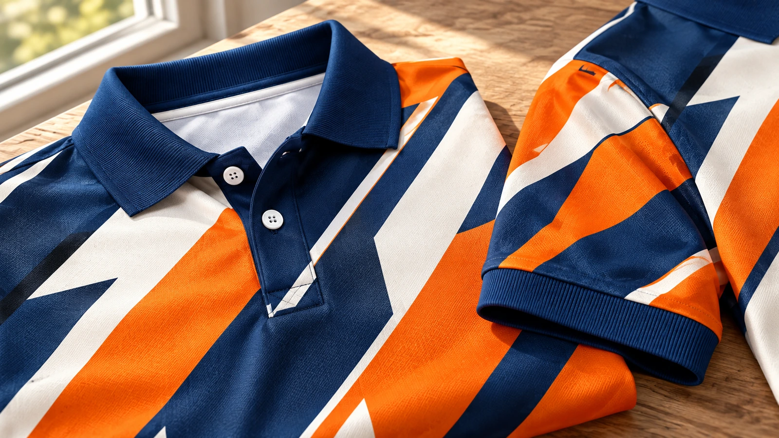 Gros plan sur des polos à motifs montrant les cols bleu marine, les pattes de boutonnage et un poignet de manche