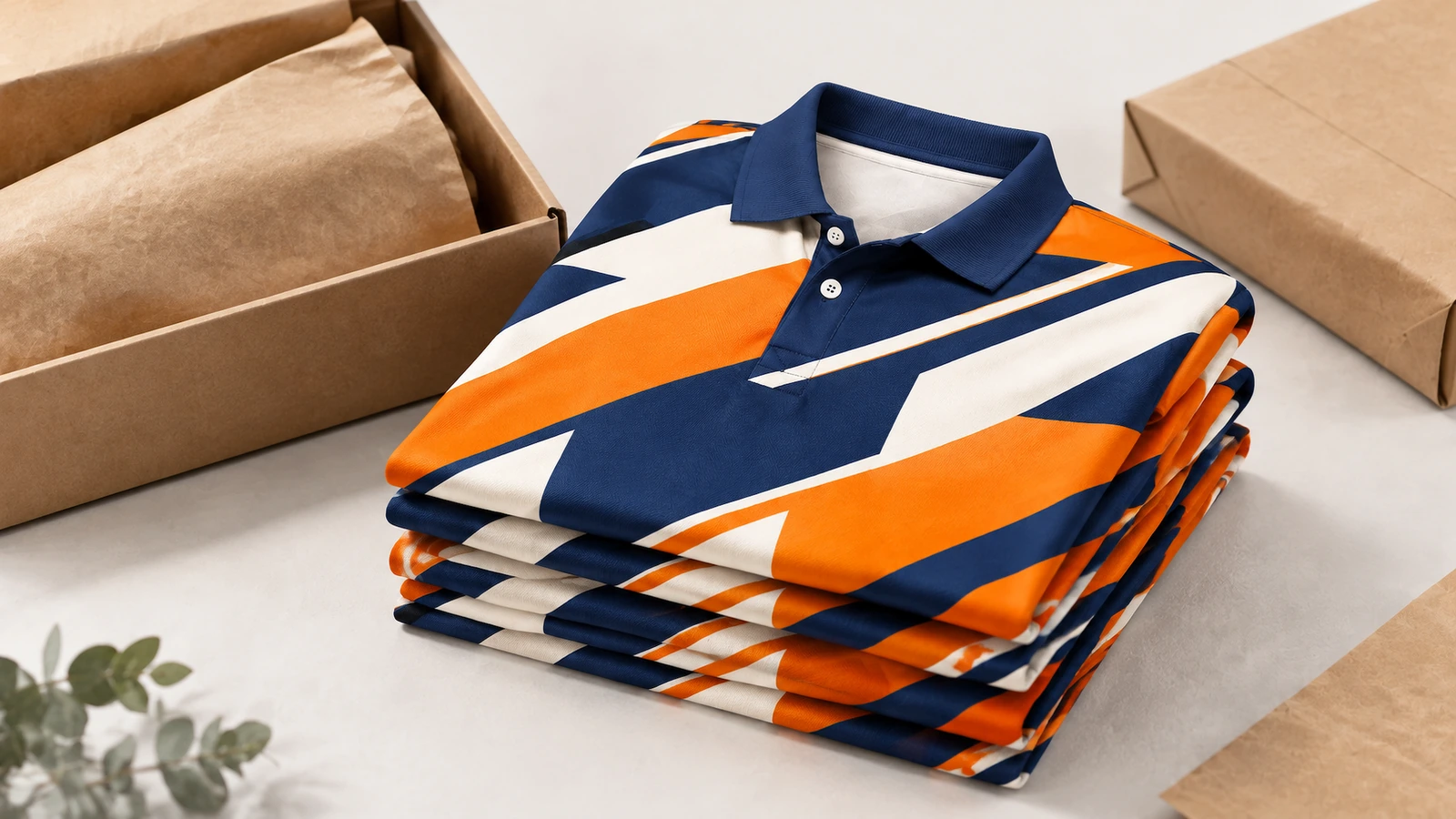 Pile de polos pliés bleu marine, orange et blanc à côté d'un emballage en carton ouvert