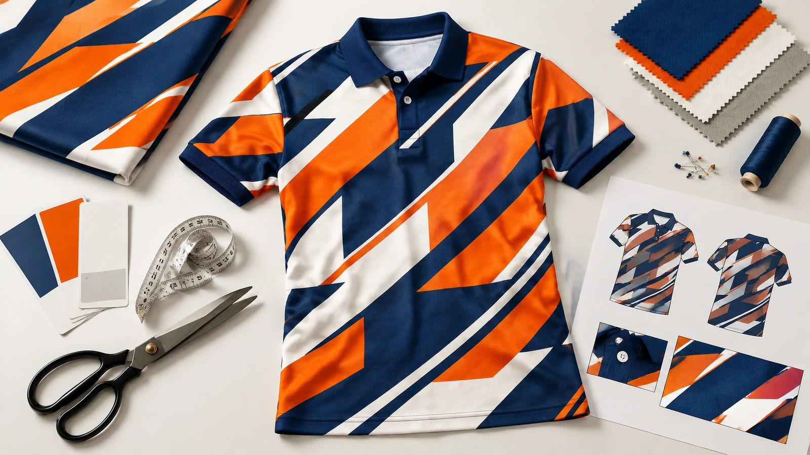 Polo à motifs bleu marine, orange et blanc entouré d'échantillons de tissu, de ciseaux, d'un mètre ruban et de croquis de vêtements