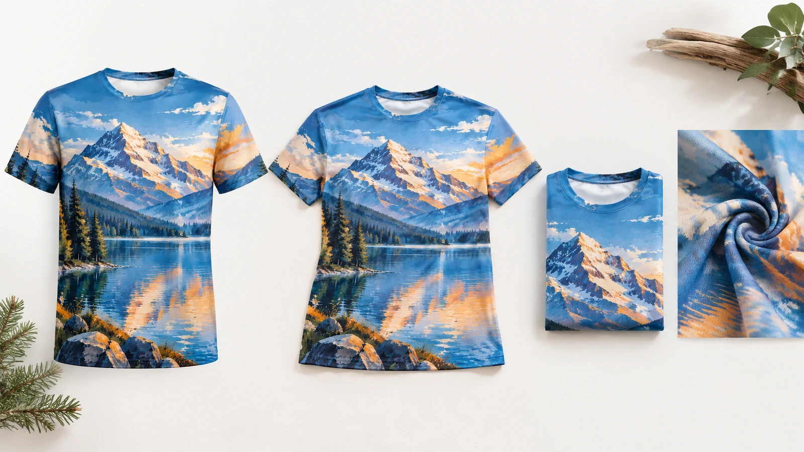 Collage de présentation de tee-shirts à impression intégrale Deux tee-shirts imprimés exposés à côté d'un tee-shirt plié et d'un gros plan sur le tissu
