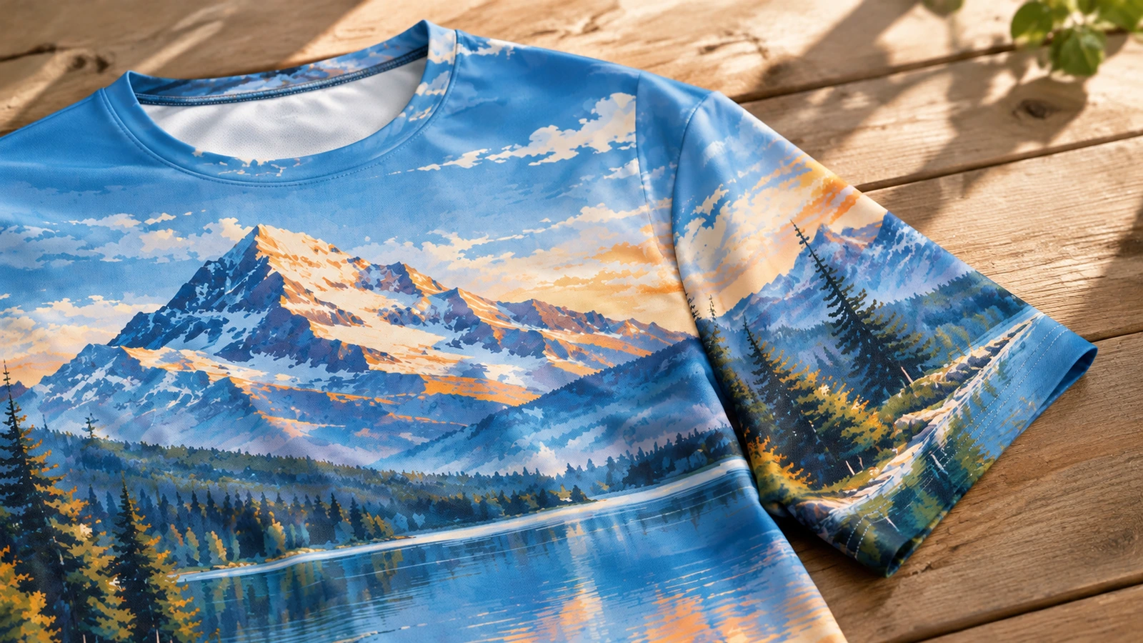 Tee-shirt imprimé sur une surface en bois Tee-shirt imprimé montagne et lac posé sur une surface en bois