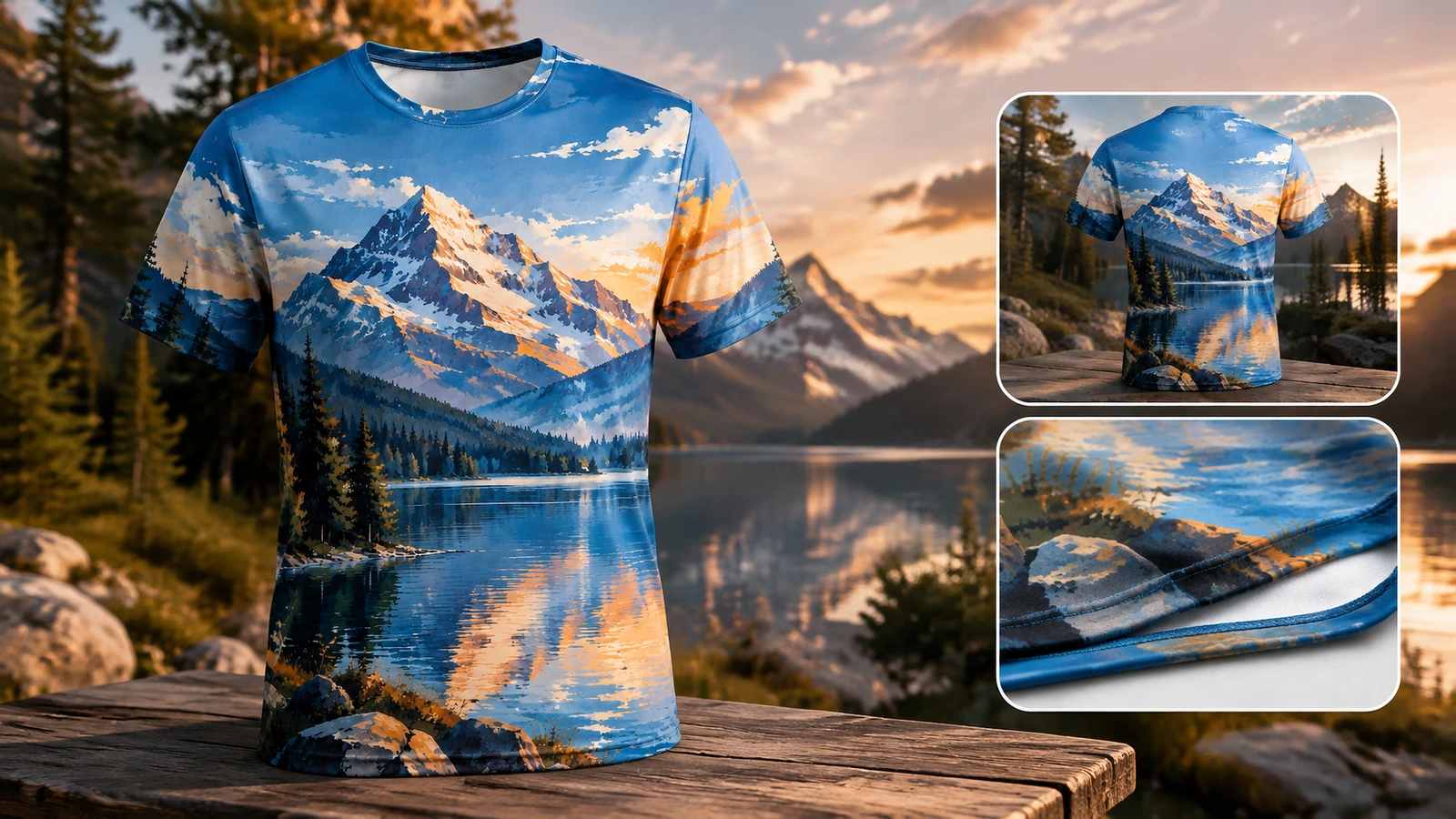 Présentation extérieure d'un tee-shirt à impression intégrale Tee-shirt imprimé montagne en extérieur, avec vues encartées du dos et de l'ourlet