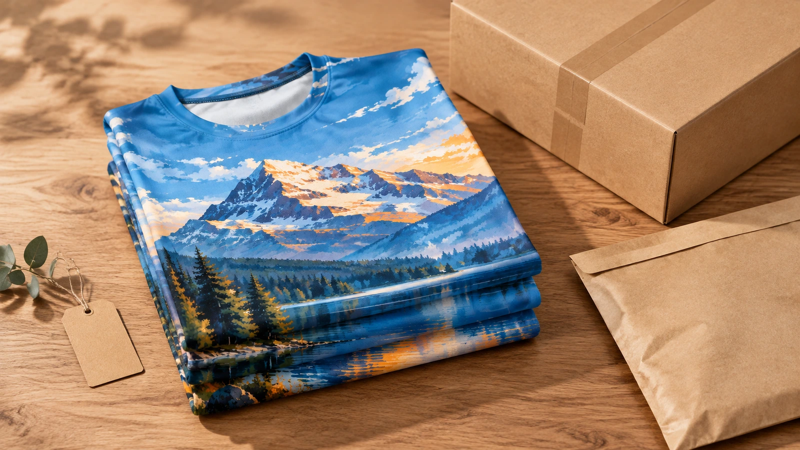 Tee-shirts imprimés pliés et matériel d'emballage Tee-shirts à impression intégrale pliés à côté d'un carton et d'une enveloppe kraft