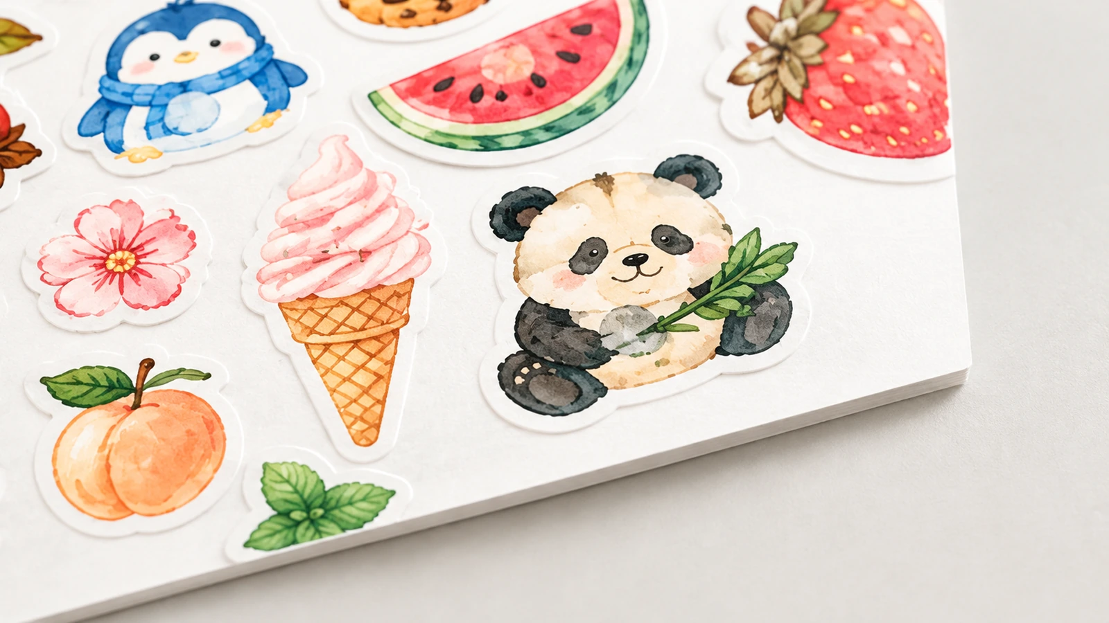 Gros plan d'une planche d'autocollants montrant des illustrations de panda, de glace, de fruits et de fleurs, ainsi que les bords découpés