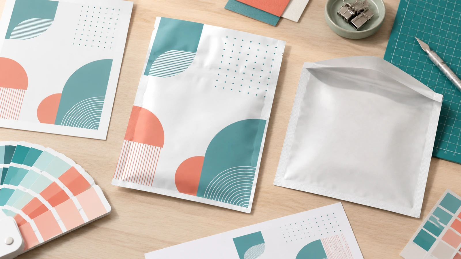 Visuels et concepts d'échantillons de sachets plats Sachets plats imprimés et unis à côté de feuilles de visuels, de nuanciers de couleurs et d'un tapis de découpe