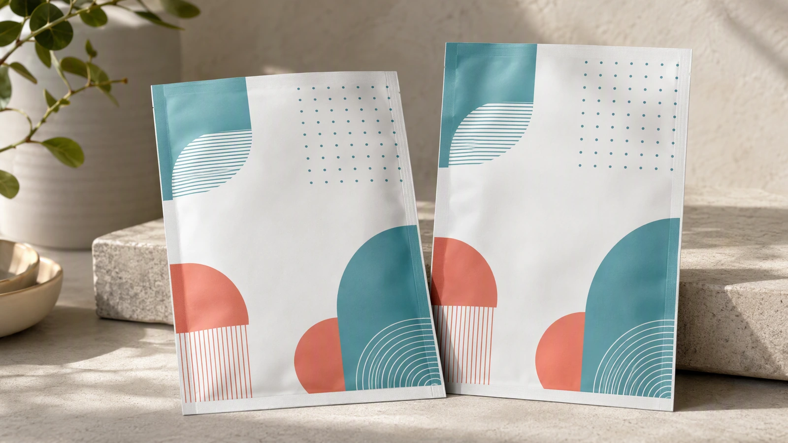 Présentation de sachets imprimés Deux sachets à impression géométrique présentés sur un fond clair texturé