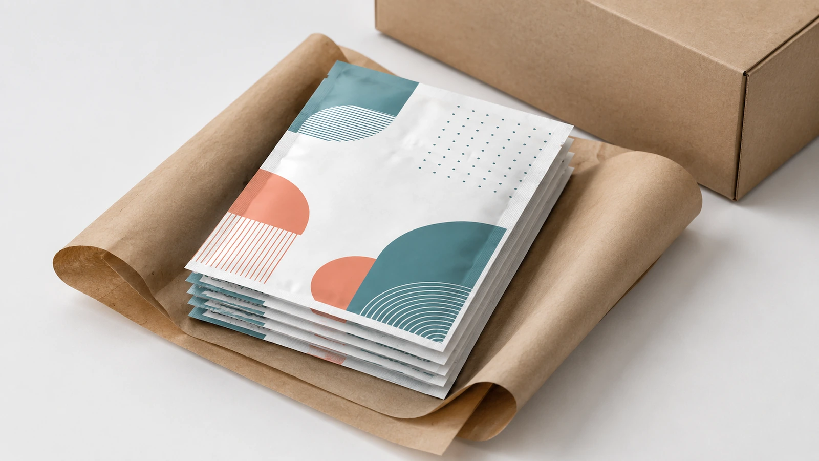 Sachets imprimés et papier d'emballage Pile de sachets plats imprimés posée sur du papier kraft à côté d'une boîte en carton