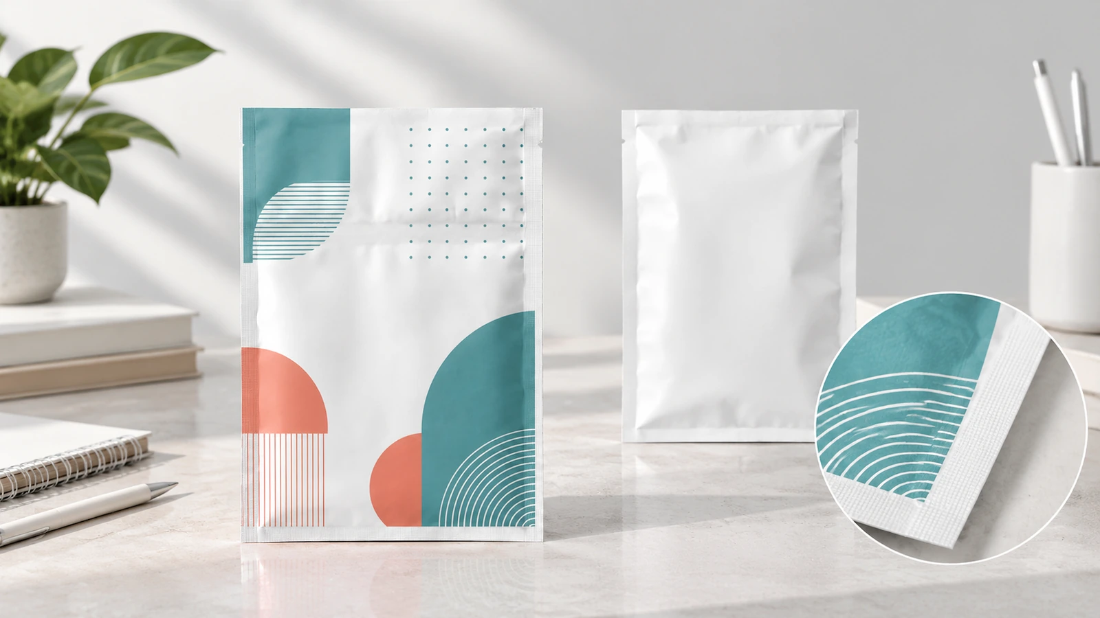 Face avant, verso et détail du scellage du sachet Vues de sachets plats imprimés en face avant et unis au verso, avec un gros plan encarté sur le bord scellé