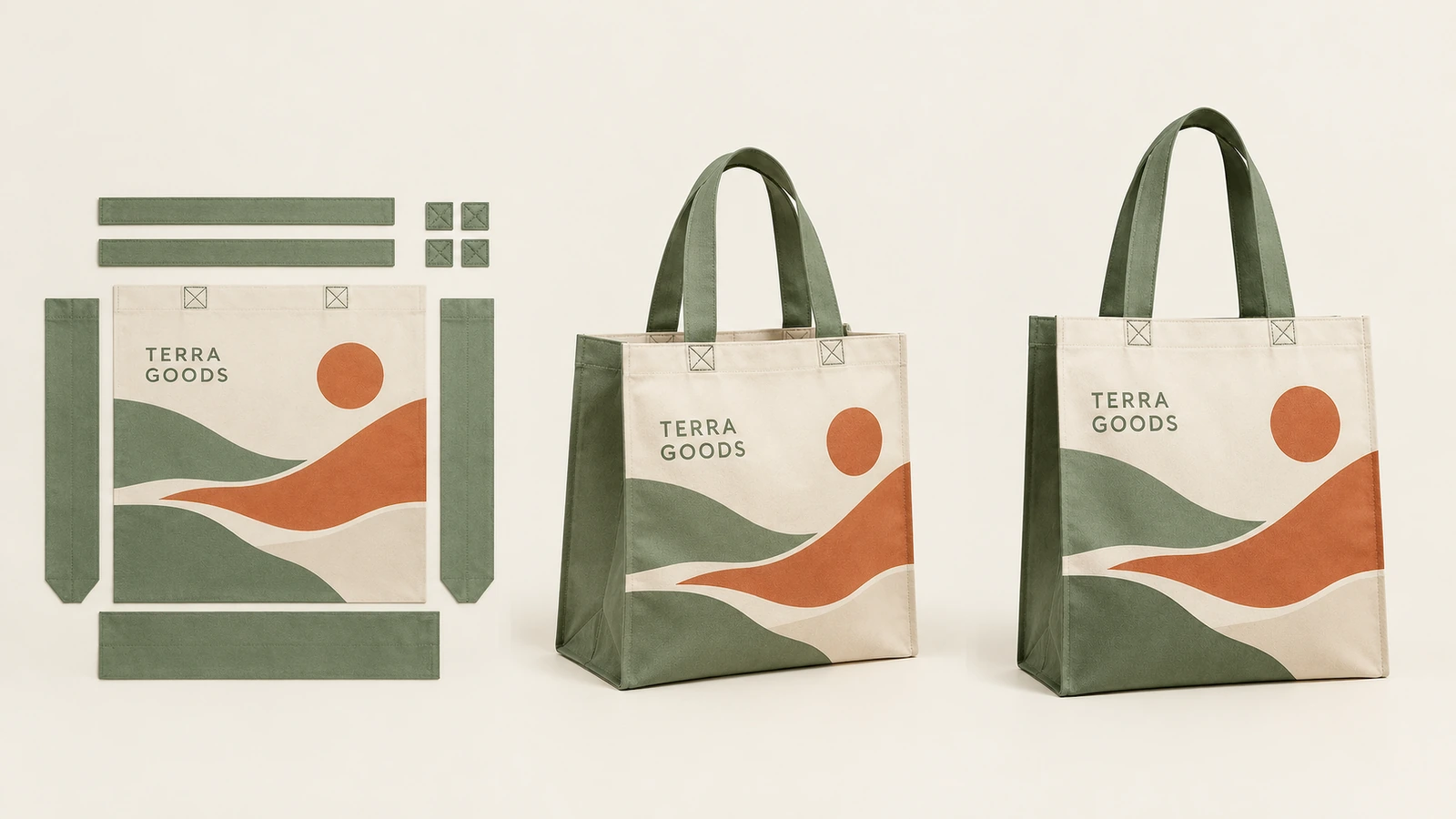 Pièces de patron illustrées d'un cabas, à côté de deux sacs finis à motif paysage