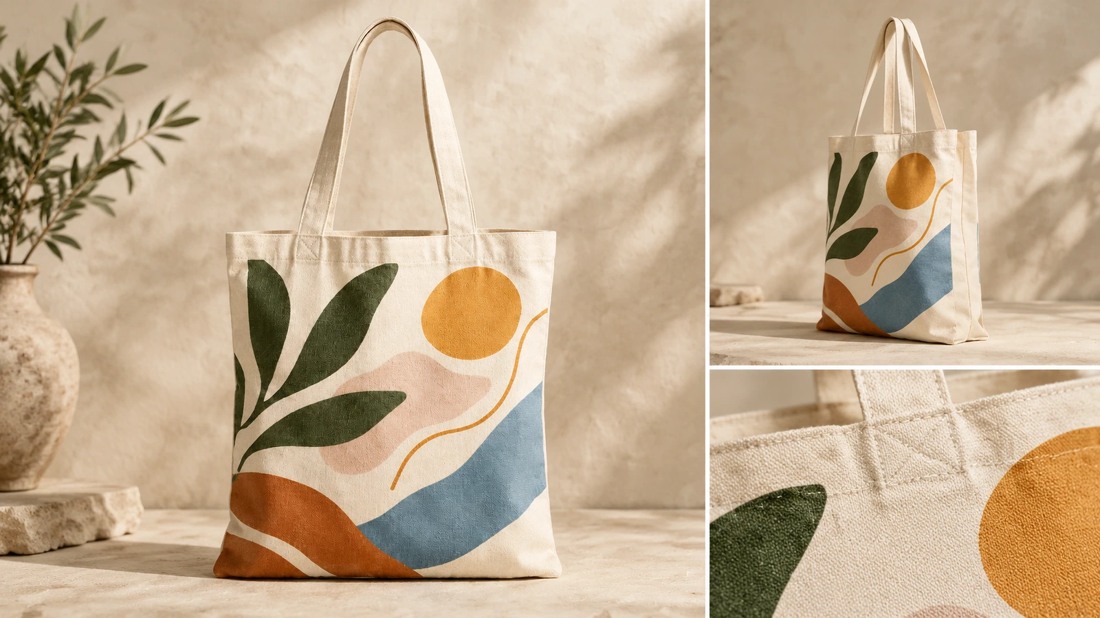Collage montrant un sac tote en coton imprimé, vu de côté, et un gros plan sur la couture de ses anses