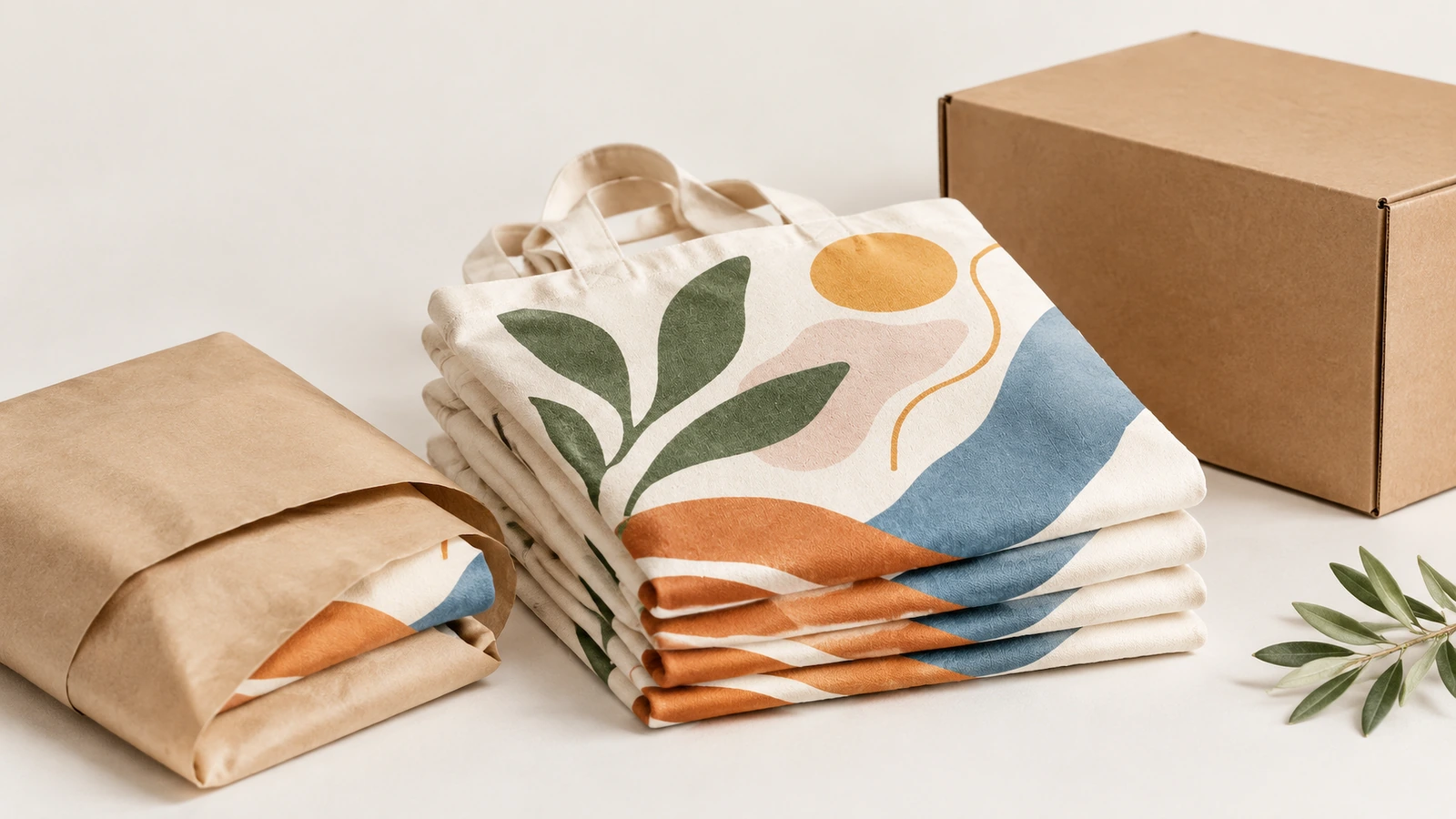 Sacs tote en coton imprimés pliés, à côté d'un étui en kraft et d'une boîte en carton