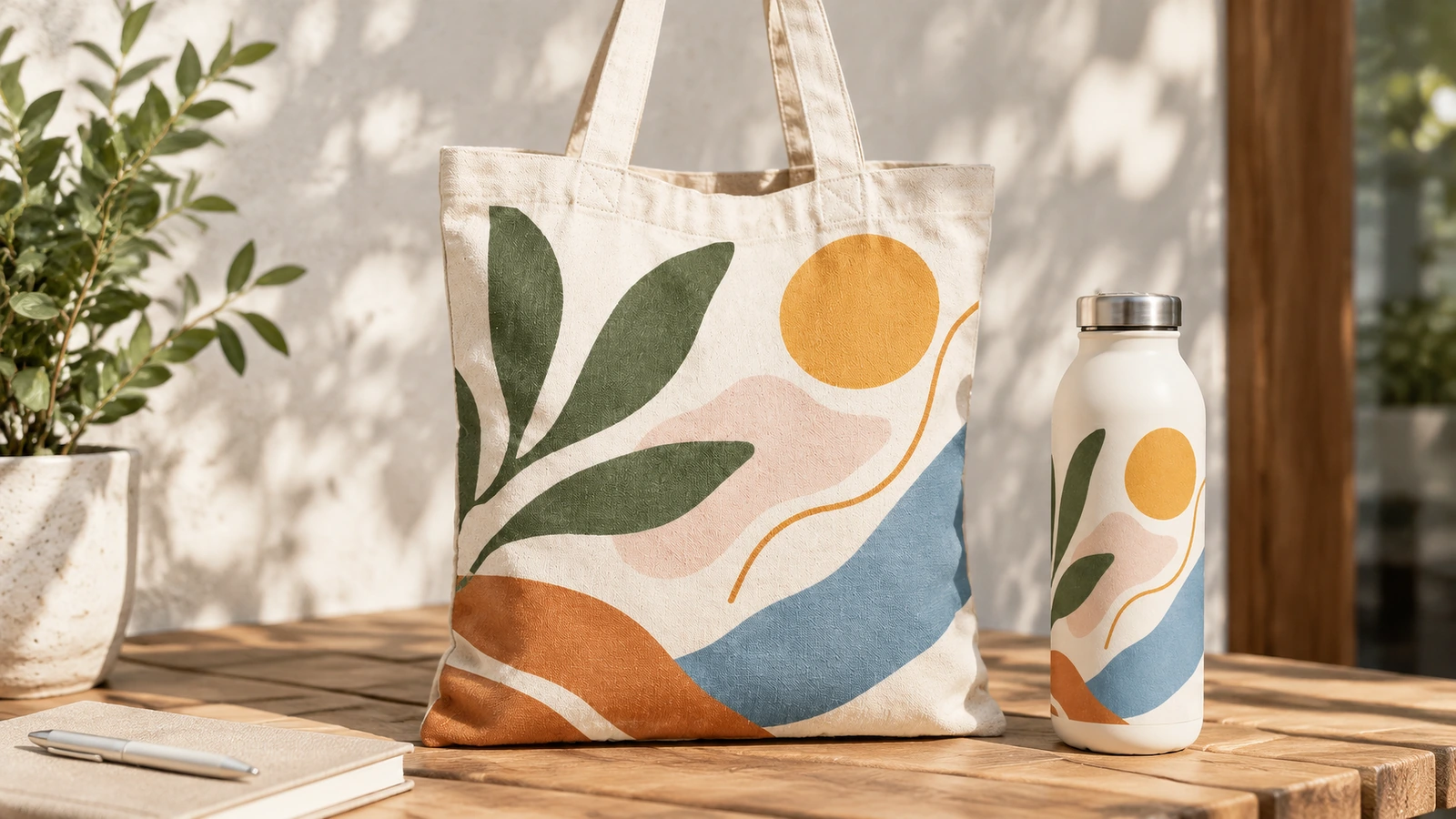 Sac tote en coton imprimé à côté d'une bouteille arborant le même visuel, sur une table en bois