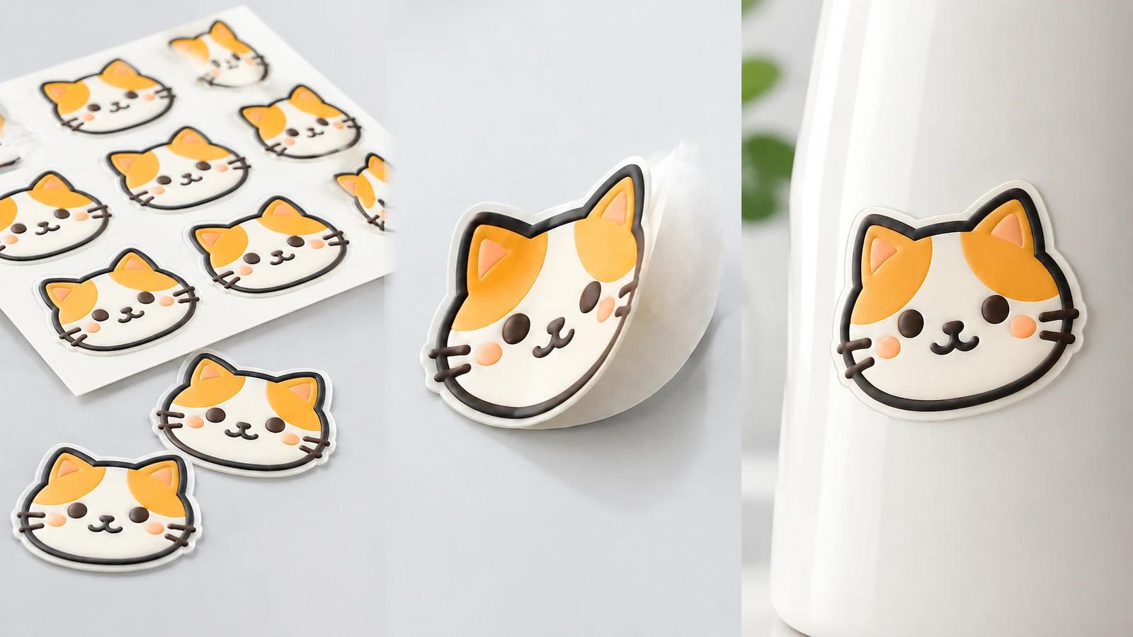 Collage montrant des planches d'autocollants visage de chat, une pièce soulevée et un autocollant sur une bouteille blanche