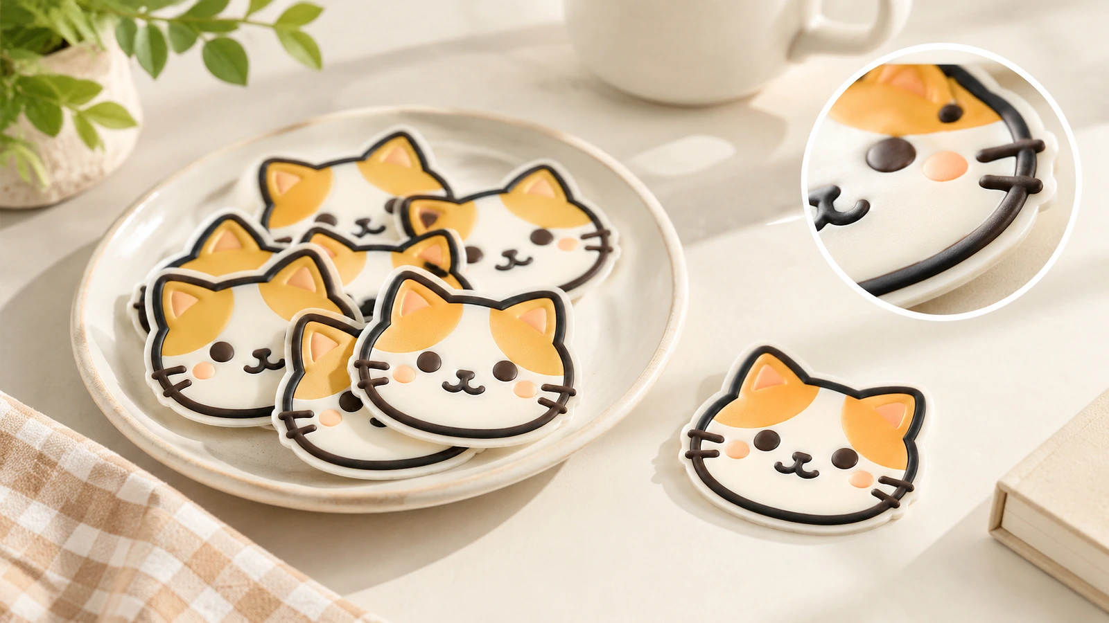 Autocollants visage de chat sur une assiette et un plan de table, avec un encart de détail circulaire