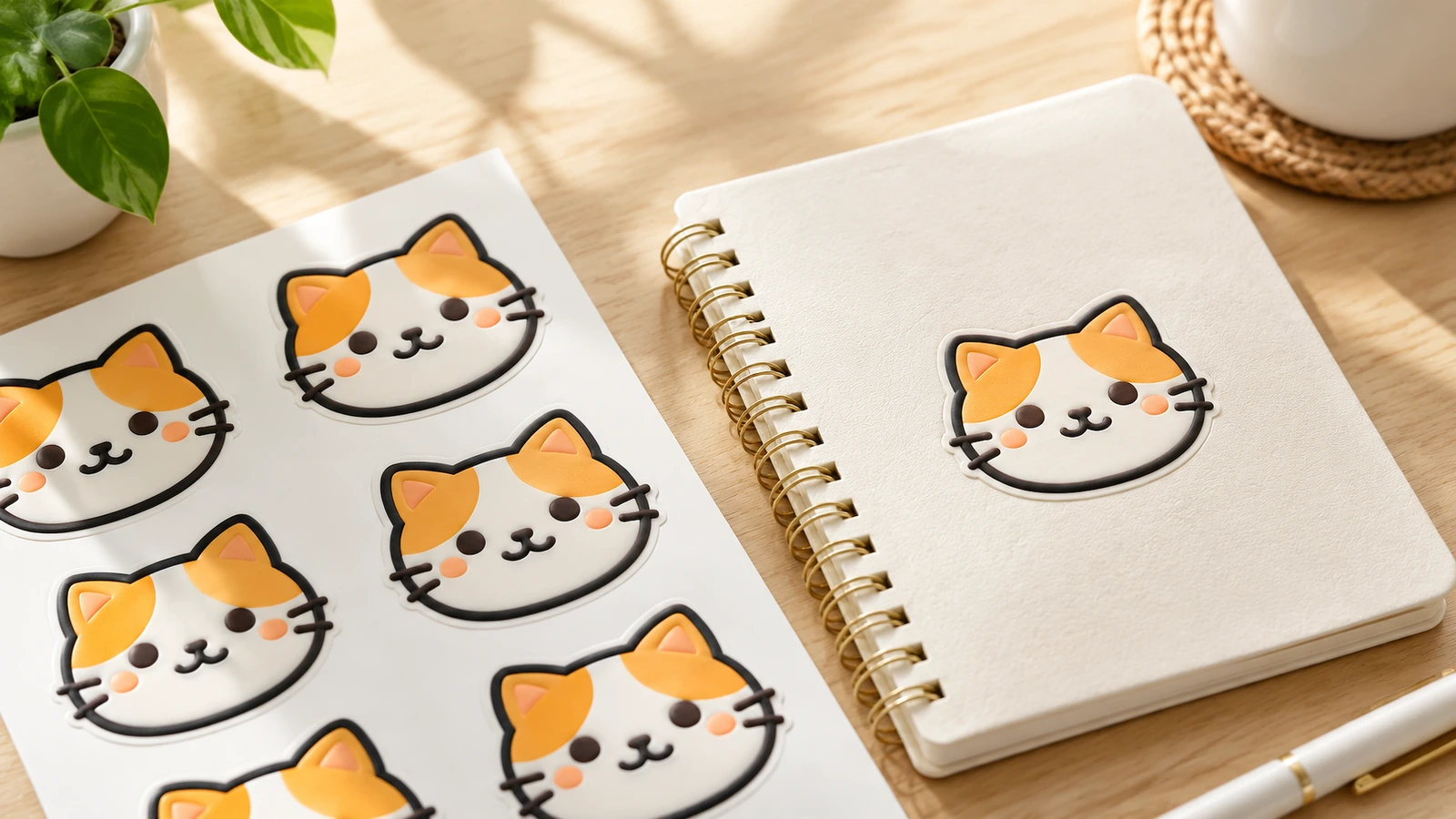 Autocollant visage de chat sur un cahier à spirale, à côté d'une planche d'autocollants assortie