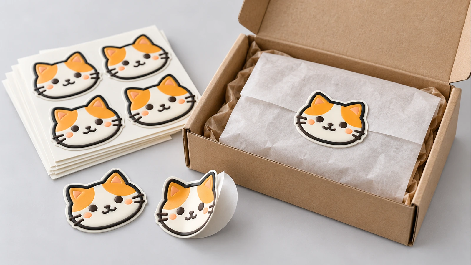 Planches d'autocollants visage de chat et pièces à l'unité à côté d'une boîte en carton doublée de papier de soie