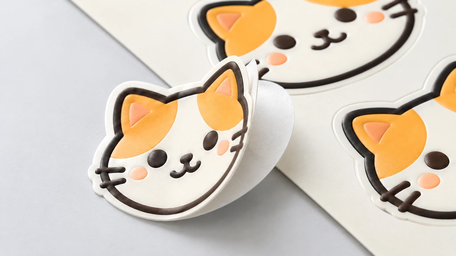 Gros plan sur un autocollant visage de chat qui se décolle d'une planche en se recourbant