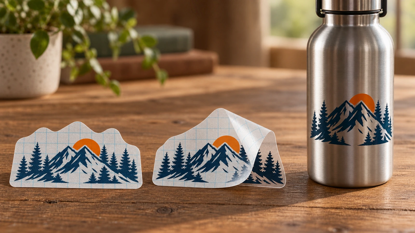 Décalque montagne présenté sur une feuille support, sous un film de protection décollé, et appliqué sur une bouteille en métal
