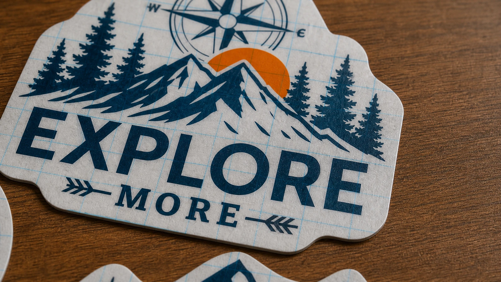 Gros plan d'un décalque montagne et boussole avec lettrage bleu foncé et soleil orange sur une feuille quadrillée