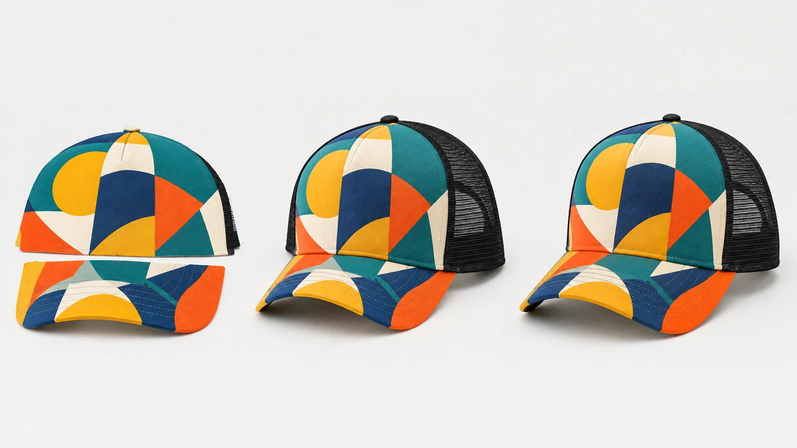 Trois étapes montrant des panneaux de casquette imprimés séparés et des casquettes trucker assemblées