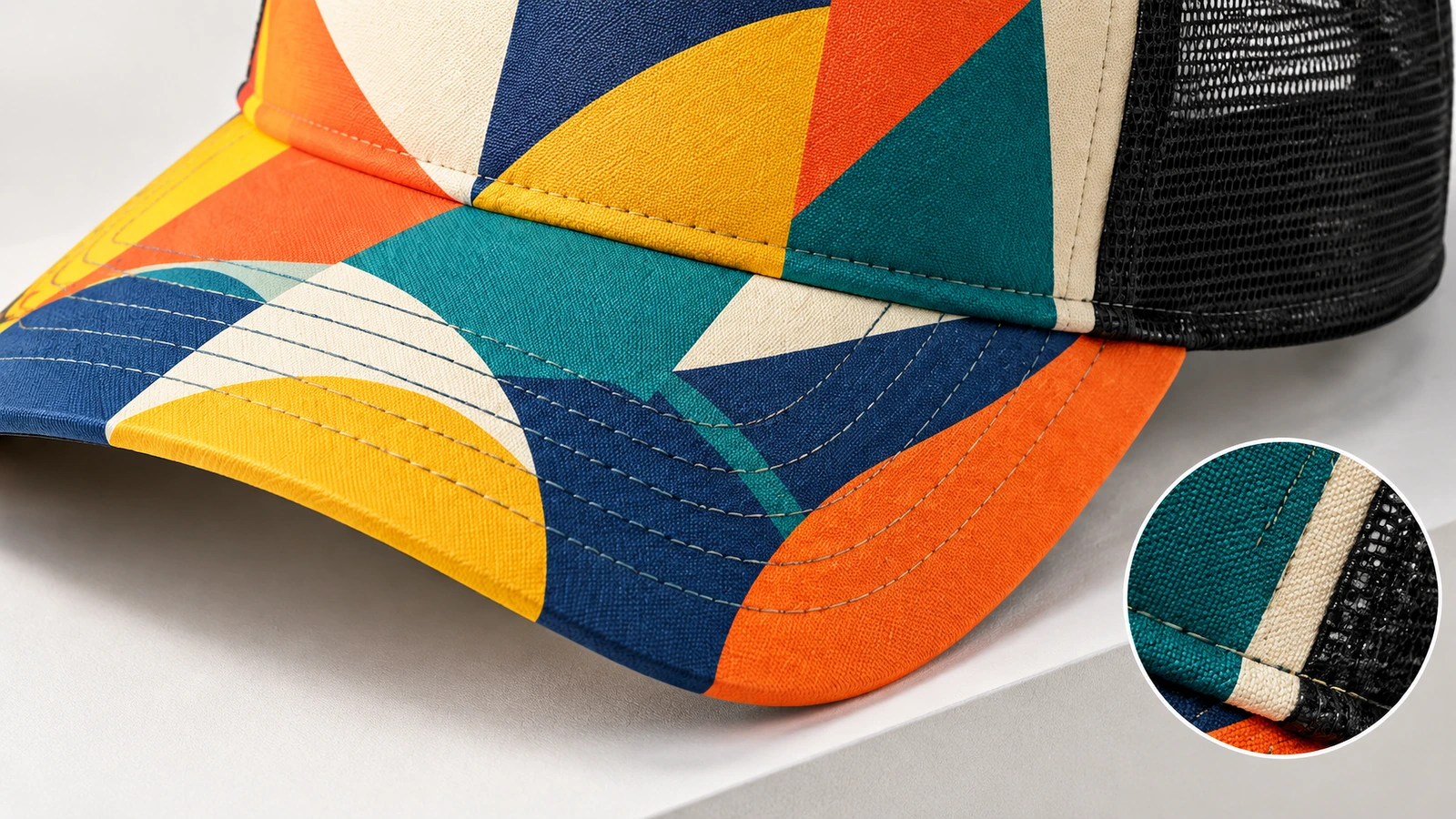 Gros plan sur l’avant d’une casquette colorée, sur la visière courbe et le côté en mesh noir