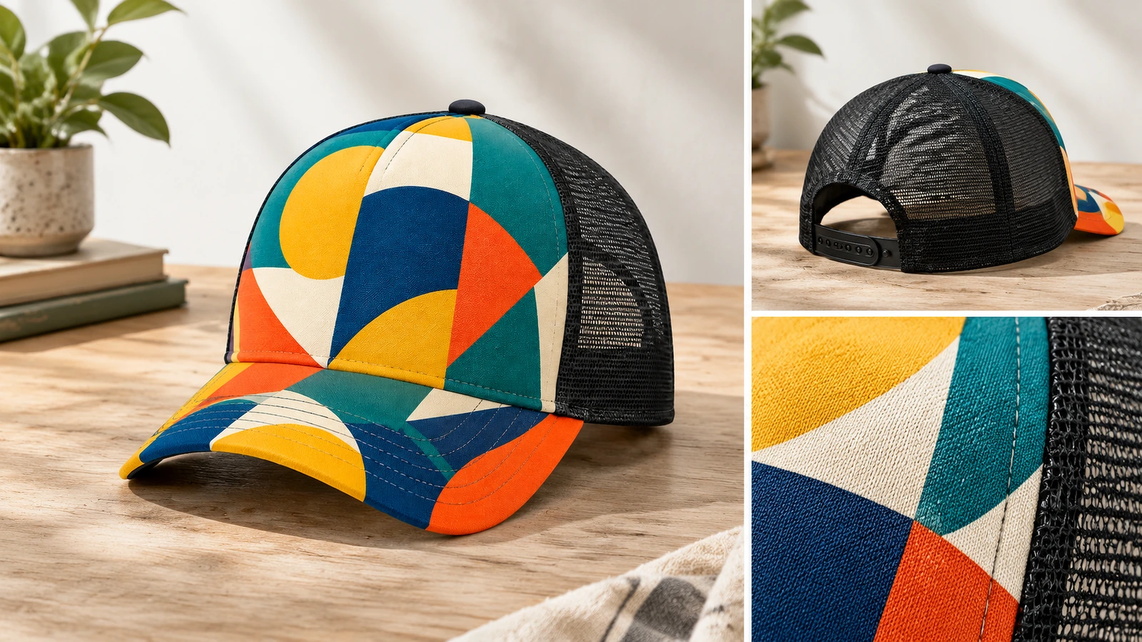 Présentation de casquettes trucker imprimées avec fermeture arrière encastrée et détails du tissu