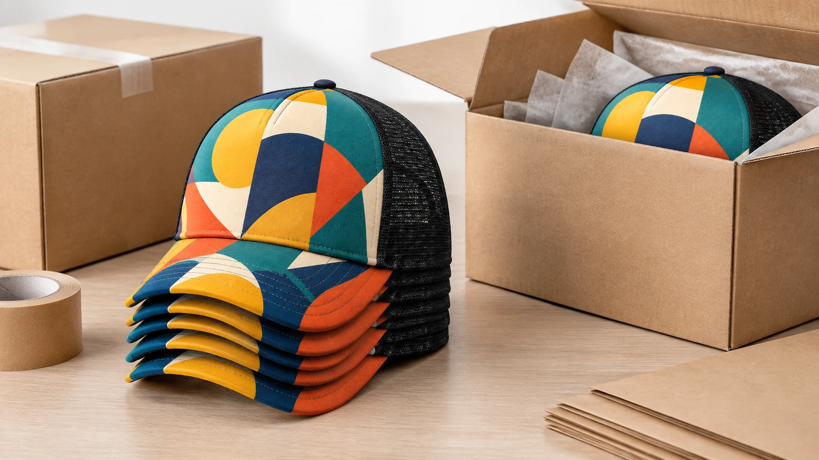 Casquettes trucker imprimées empilées à côté de cartons d’expédition et de papier d’emballage