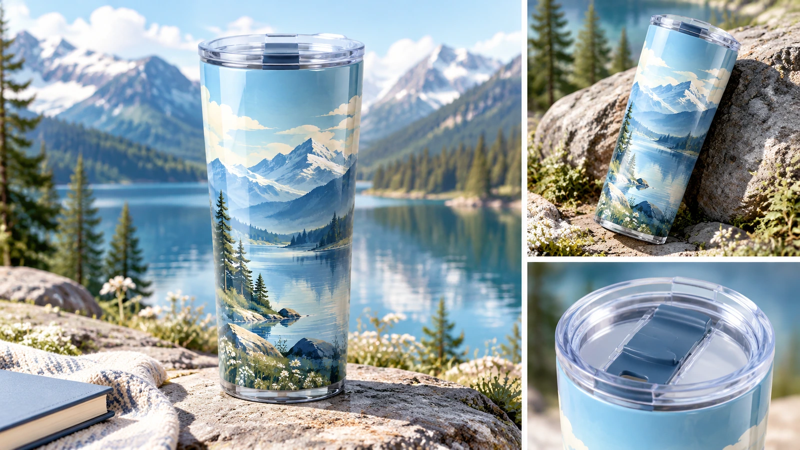 Collage d'un gobelet au motif montagne en extérieur et gros plan de son couvercle transparent
