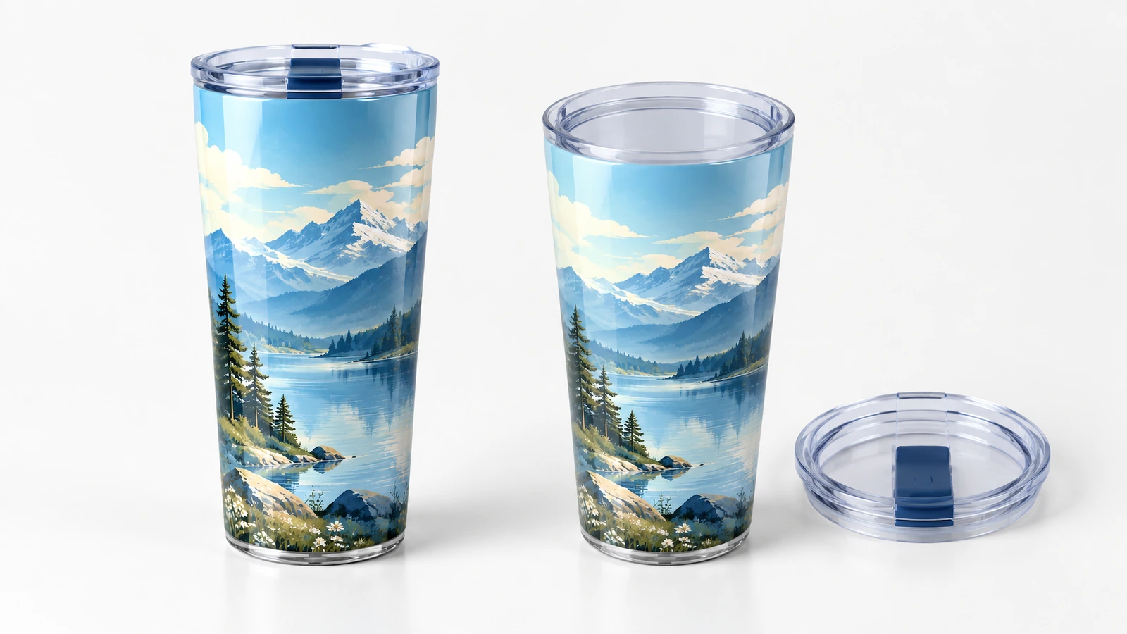 Deux gobelets au motif montagne, l'un avec son couvercle monté et un couvercle transparent détaché posé à côté de l'autre