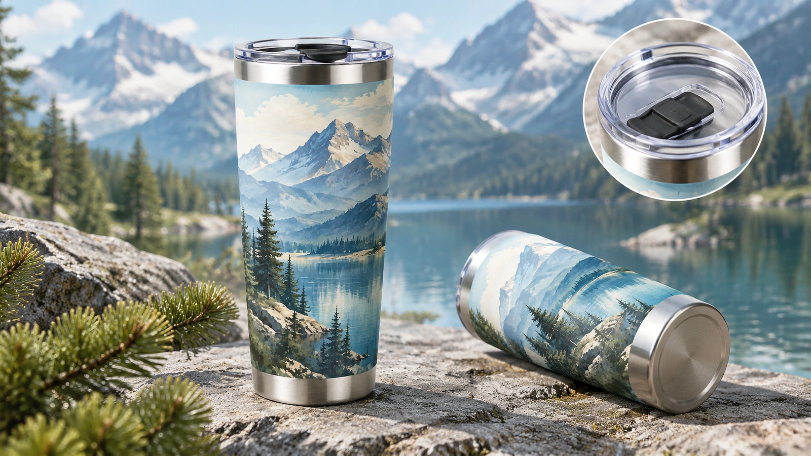 Gobelets à motif montagne en extérieur, avec un encadré montrant le couvercle transparent à boire