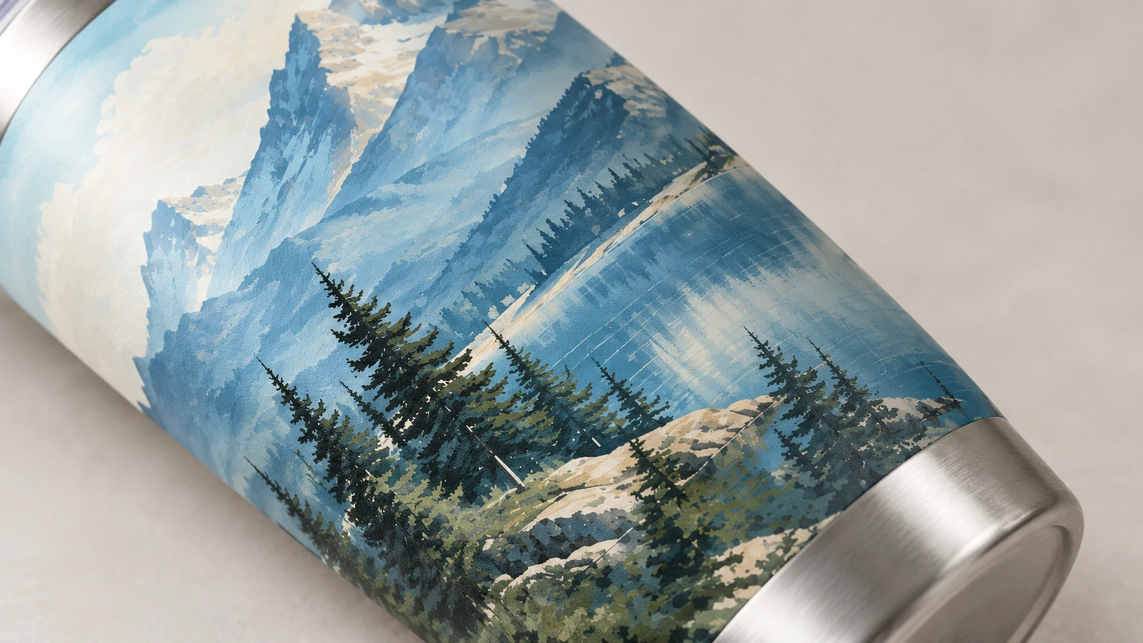 Gros plan du visuel montagne et lac bleu sur un gobelet à base couleur acier