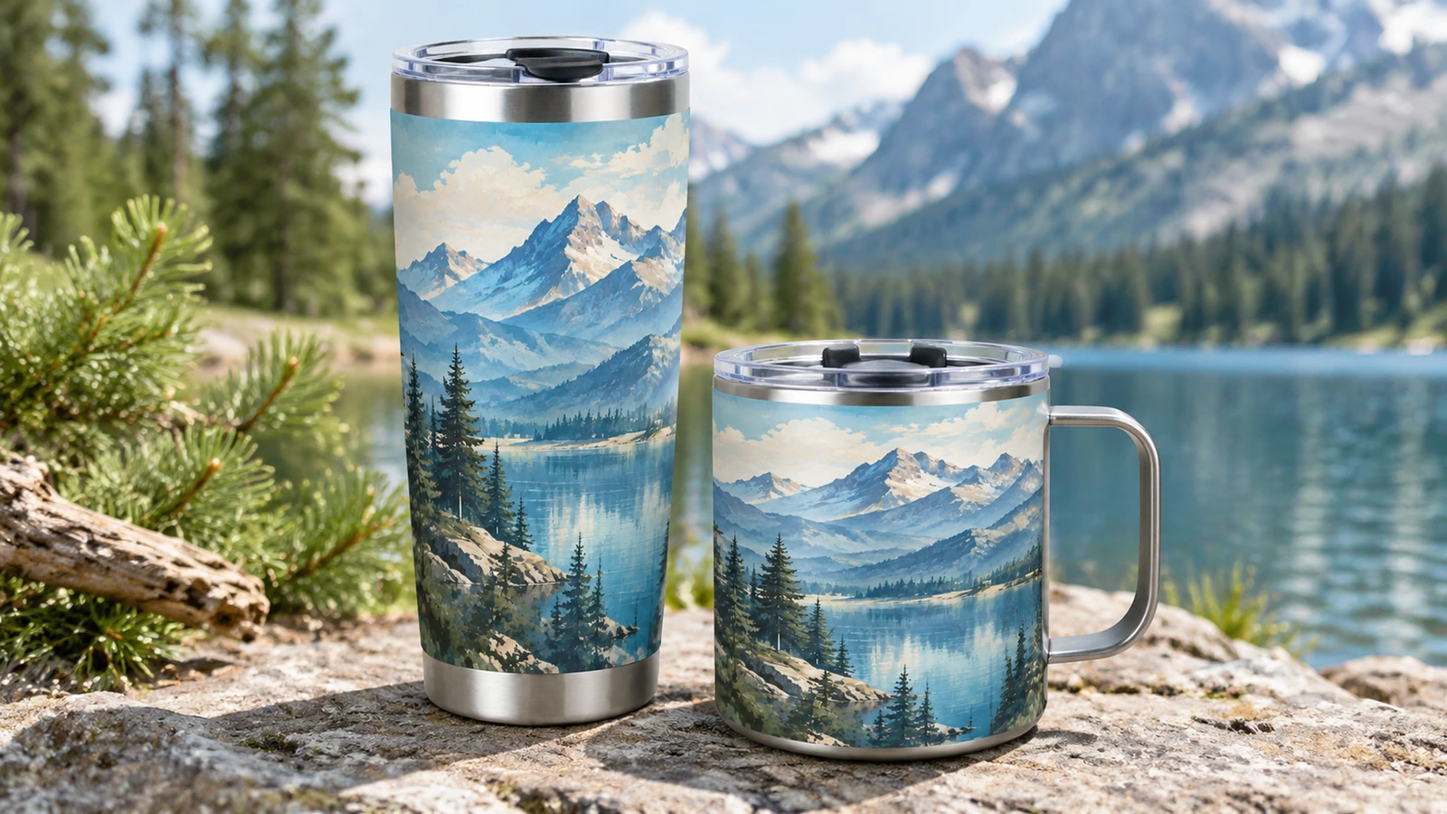 Grand gobelet à motif montagne et tasse à anse près d'un lac