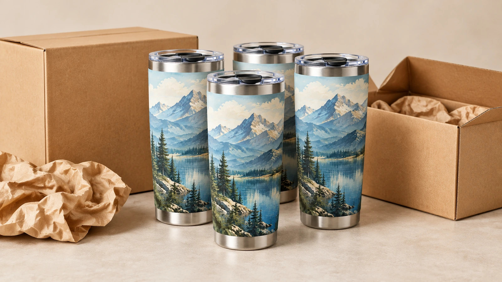 Quatre gobelets au motif montagne aux bords d'aspect métallique, à côté de cartons et de papier d'emballage