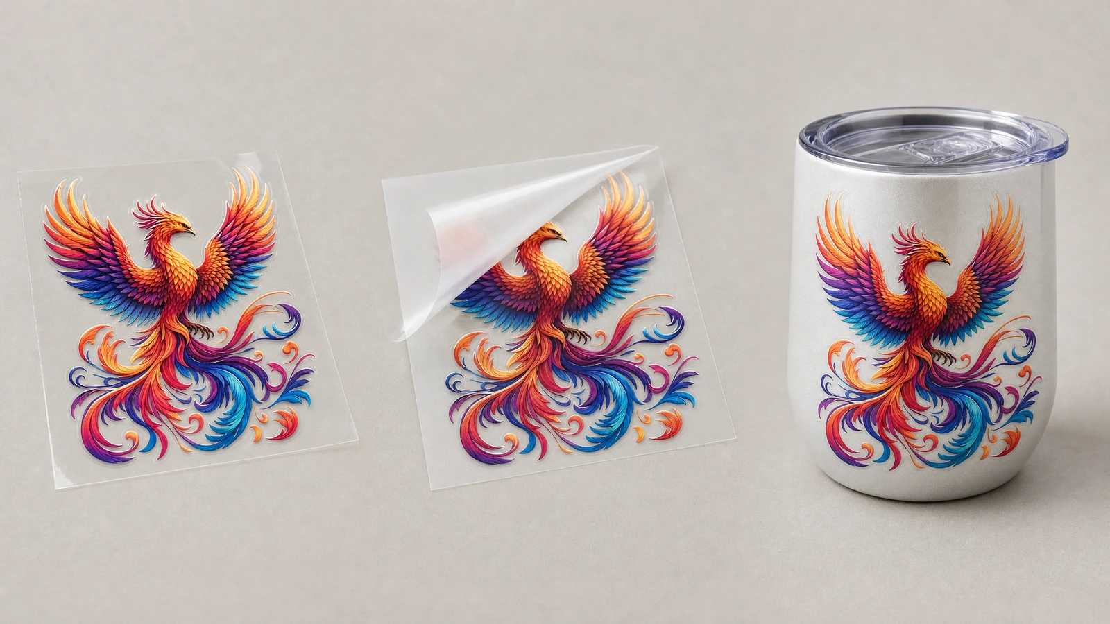 Décalcomanie phénix sur une feuille transparente, un support partiellement décollé et le motif assorti sur un gobelet blanc