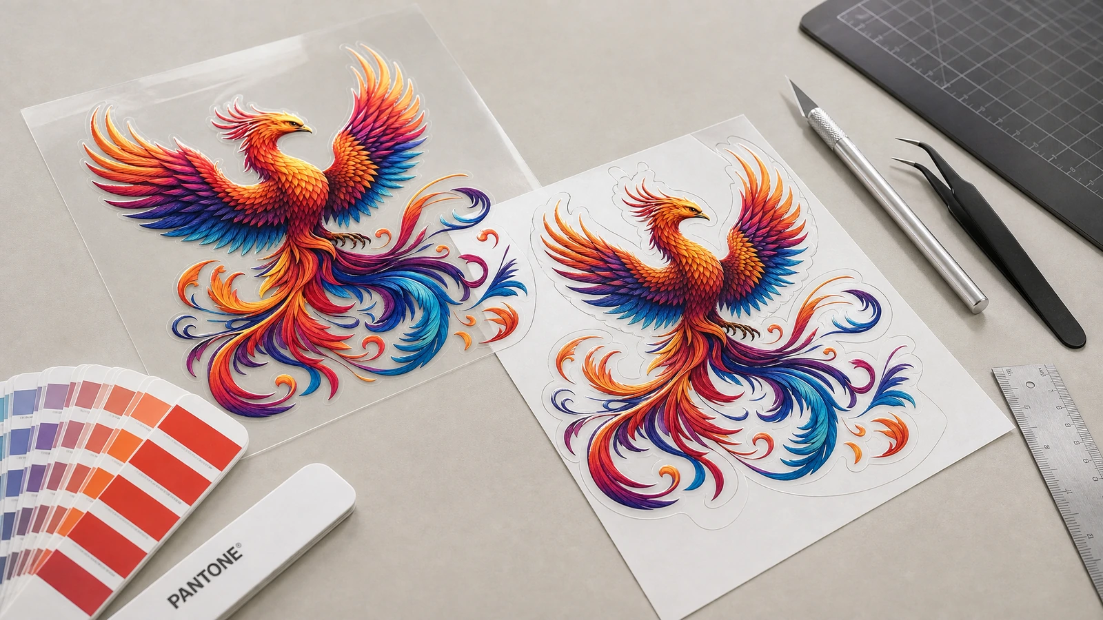 Deux motifs colorés de décalcomanies phénix à côté d'un éventail de nuancier, d'une règle et d'outils d'artisanat