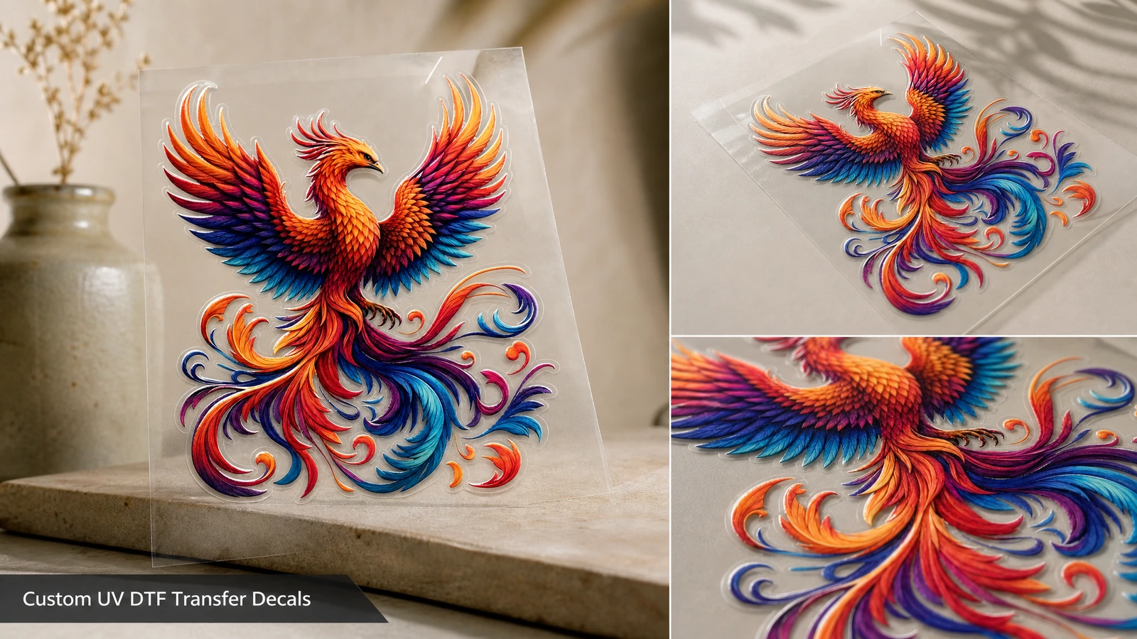 Collage d'une décalcomanie phénix sur un panneau transparent avec des vues rapprochées de ses couleurs et de ses bords