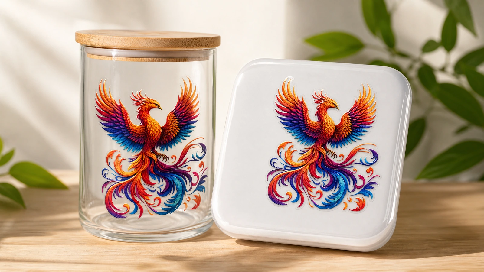 Décalcomanies phénix assorties sur un bocal en verre transparent et un plat carré blanc