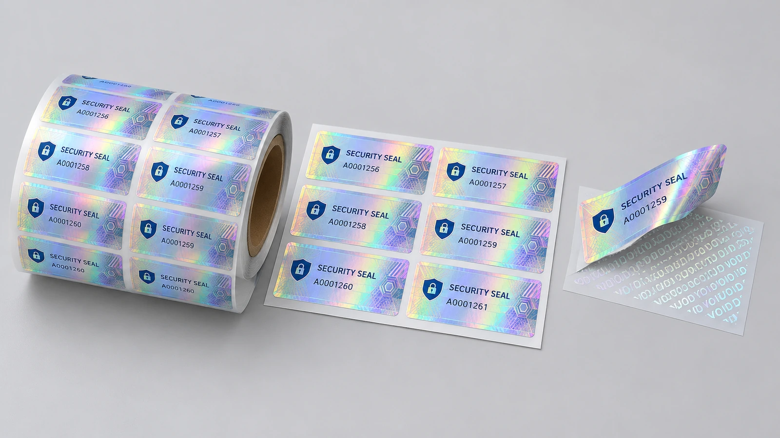 Rouleaux et feuille d'étiquettes de sécurité holographiques à côté d'une étiquette soulevée révélant un motif VOID