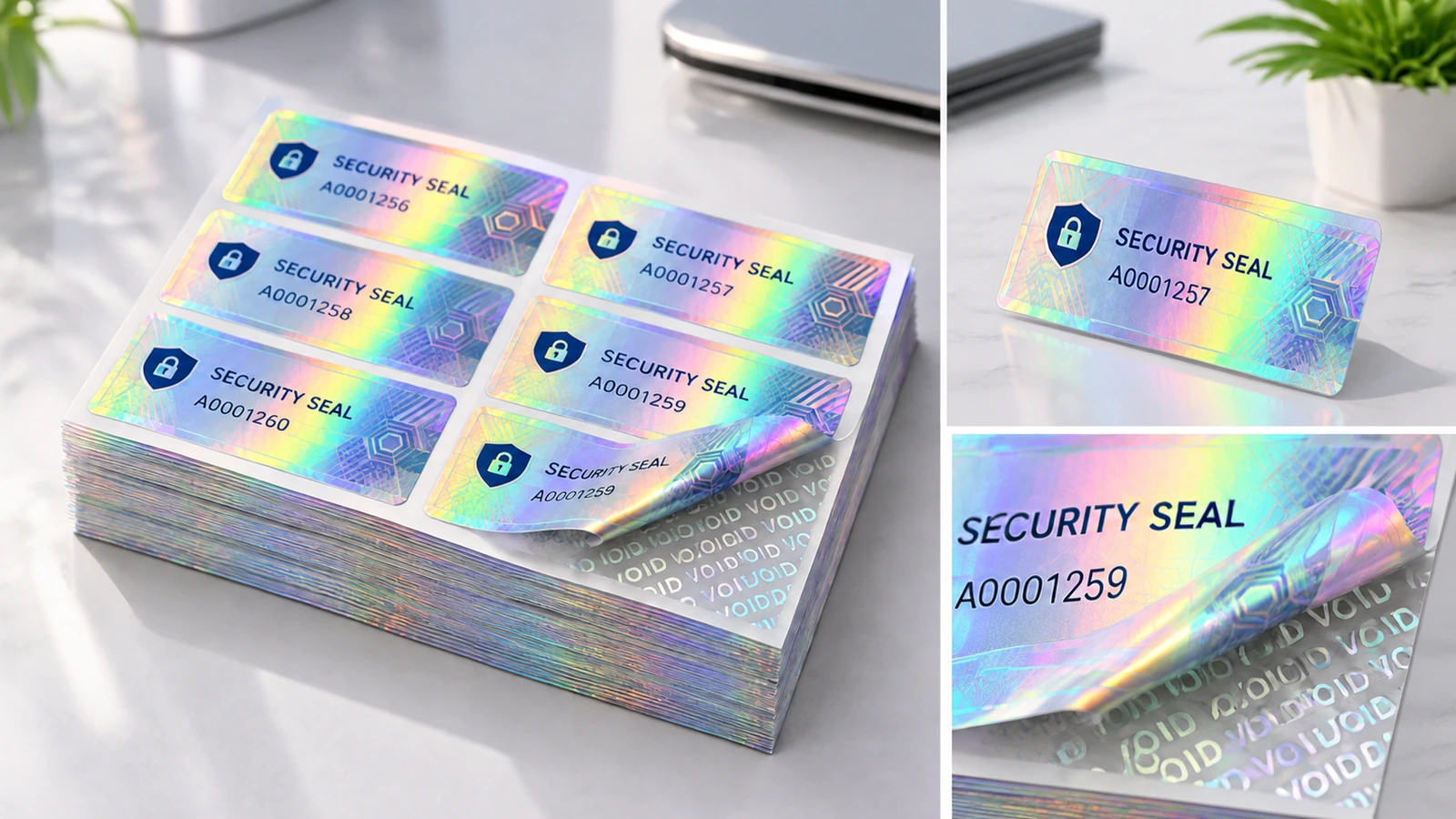 Assemblage de feuilles d'étiquettes de sécurité holographiques, d'une étiquette individuelle numérotée et d'un gros plan sur un coin VOID décollé
