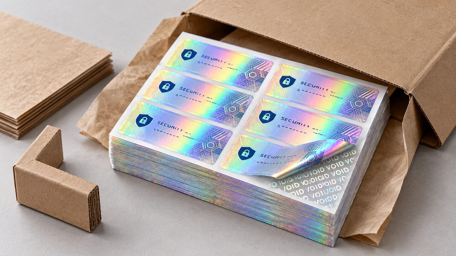 Feuilles d'étiquettes de sécurité holographiques empilées dans un emballage d'expédition en carton ouvert