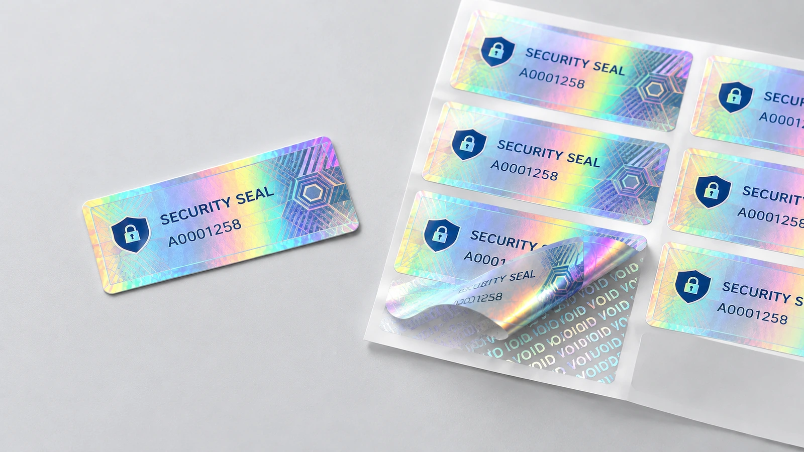 Une étiquette de sécurité holographique unique à côté d'une feuille d'étiquettes, avec un coin décollé montrant un motif VOID