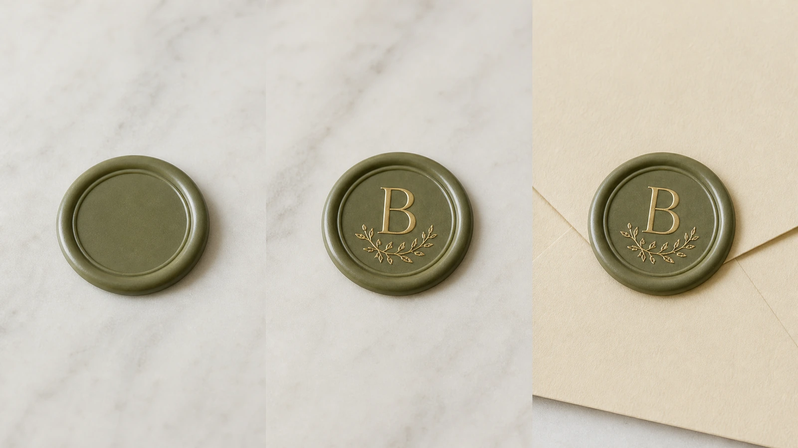 Vue en 3 volets : un cachet vert uni, un cachet à monogramme doré et un cachet à monogramme sur une enveloppe