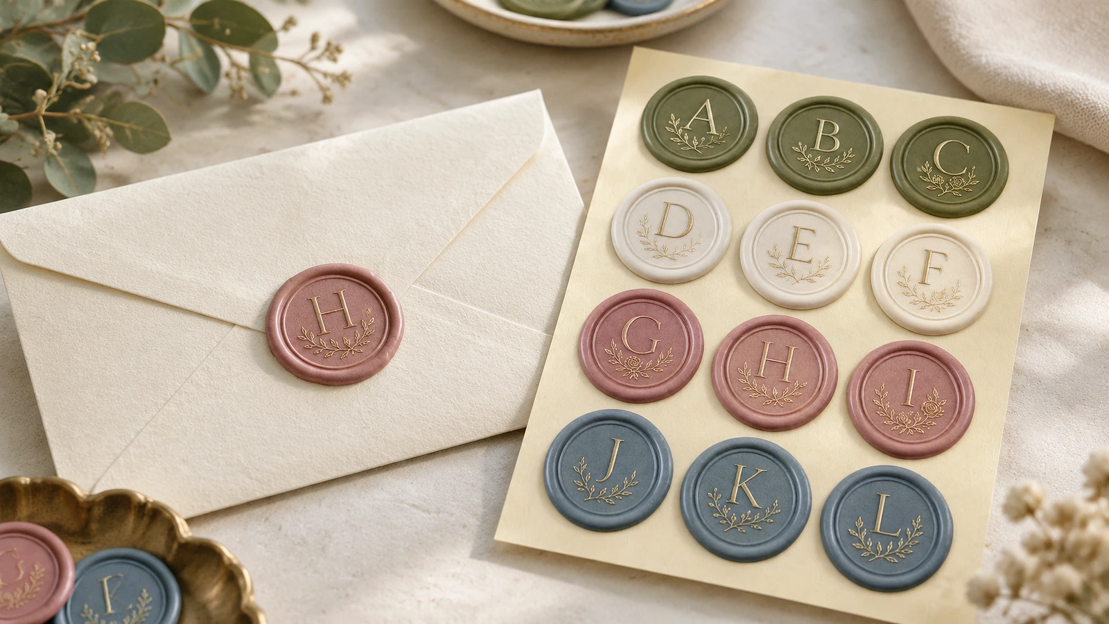 Enveloppe avec un cachet de cire rose à côté d'une feuille de cachets à monogramme multicolores
