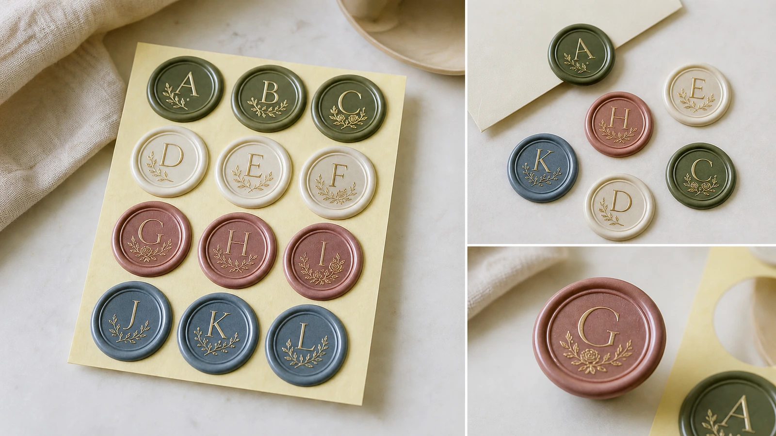 Collage montrant une feuille de cachets à monogramme, des cachets détachés et un gros plan d'un cachet rose